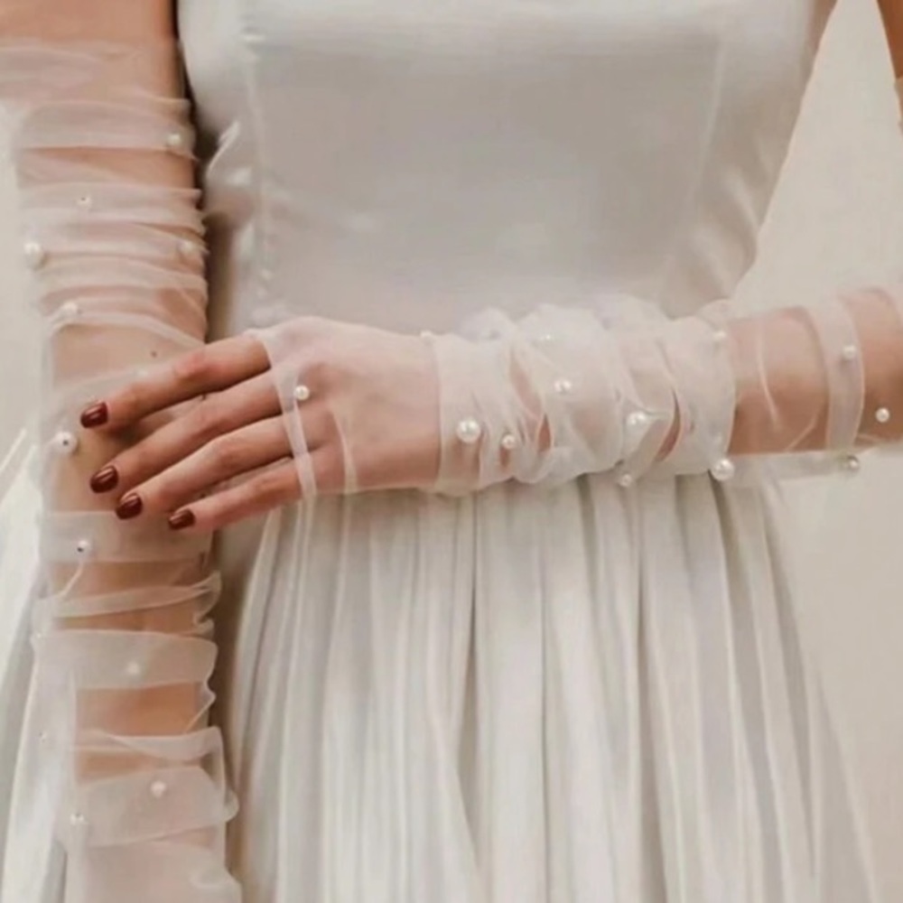 Anthropologie Sheer Pearl-Embellished Long Gloves in White